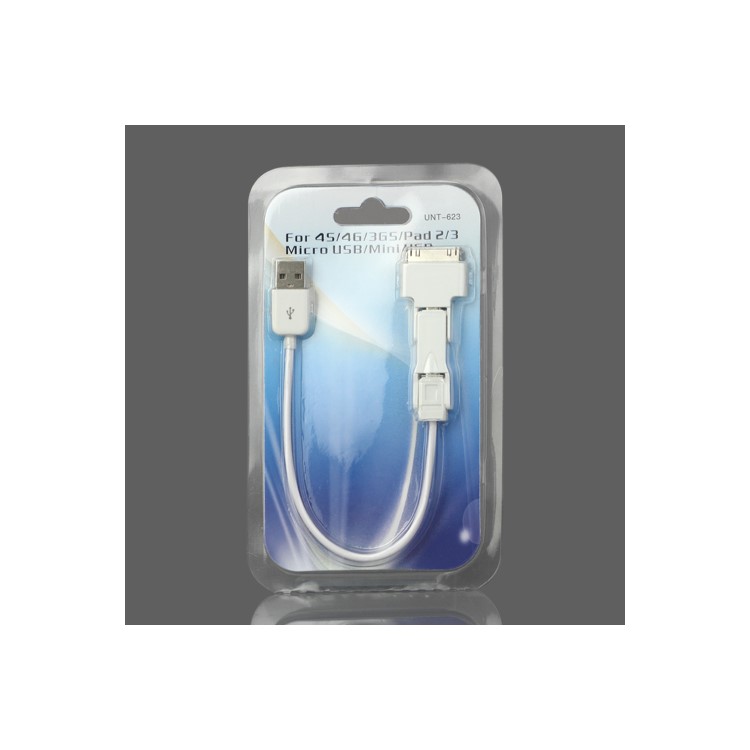 3 in 1 Retractable Mini Micro USB Sync Data Charger Cable for iPad 2 The New iPad iPhone 4S - White