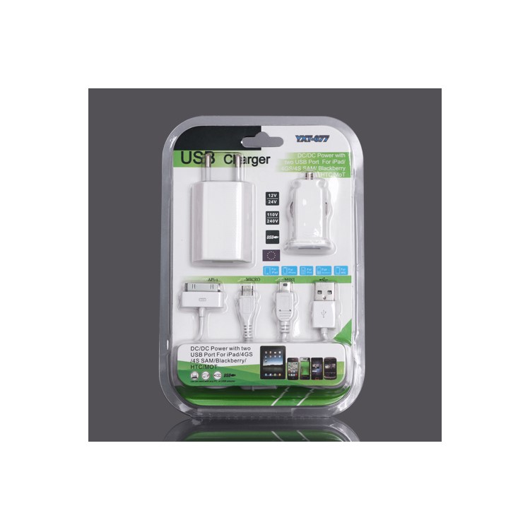 Travel Charger + Car Charger + 3 in 1 USB Cable for iPhone Samsung HTC ect - EU Plug