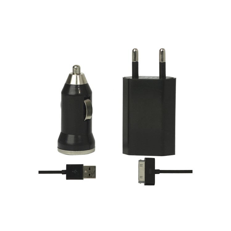 3 in 1 Black Travel Car Charger and Apple USB Cable Crystal Box Packing - EU Plug