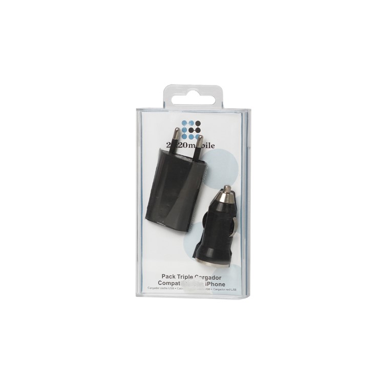 3 in 1 Black Travel Car Charger and Apple USB Cable Crystal Box Packing - EU Plug