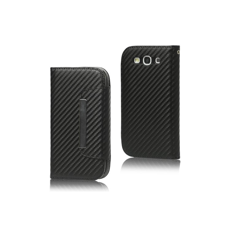 Carbon Fiber Leather Wallet for Samsung Galaxy S 3 / III I9300 I747 L710 T999 I535 R530 - Black