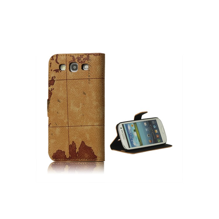 World Map Leather Stand Case for Samsung Galaxy S 3 / III I9300 I747 L710 T999 I535 R530 - Brown