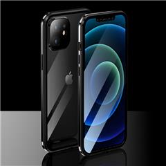 LUPHIE Plating Magnetic Metal Frame Double-sided Tempered Glass Cover for iPhone 12 Case - Black