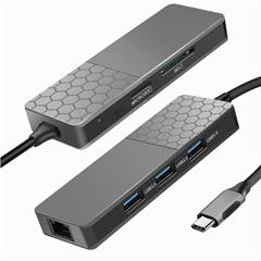 Lemonda YC-750 Typ-C-Hub Mit 1 X PD, 1 X SD-Kartenleser, 1 X TF-Kartenleser, 1 X RJ45, 3 X USB 3.0-Anschlüsse - Grau