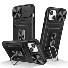 Para Iphone 14 Plus Kickstand Cover PC+TPU Case de Teléfono de Doble Capa Con Tapa de la Cámara de Portaobjetos - Negro