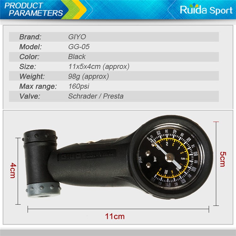 GIYO GG-05 Bicycle Tire Pressure Gauge 160 PSI with Presta/Schrader Valve-8