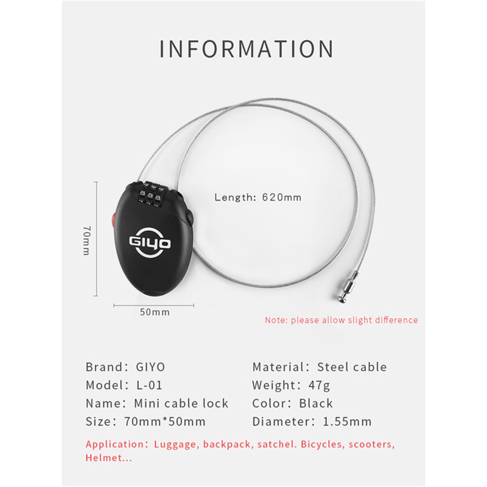 GIYO Multi-function Mini Cable Bicycle Lock Anti Theft Code Helmet Lock-10