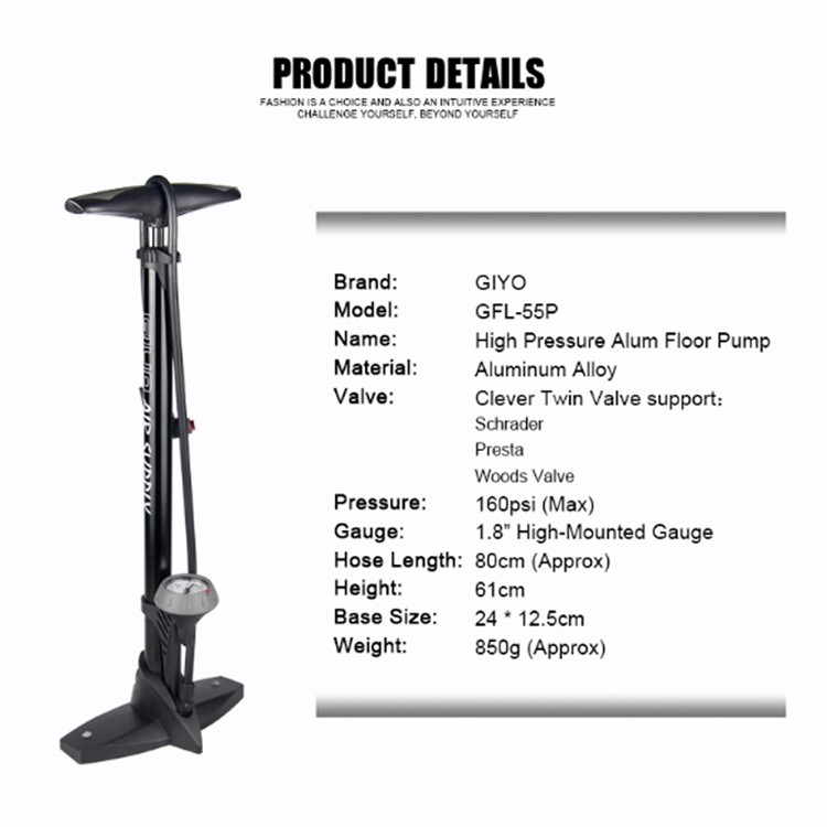 GIYO GF-55P 160PSI Bike Floor Pump with Gauge Presta Schrader Valve Air Inflator - Black-2