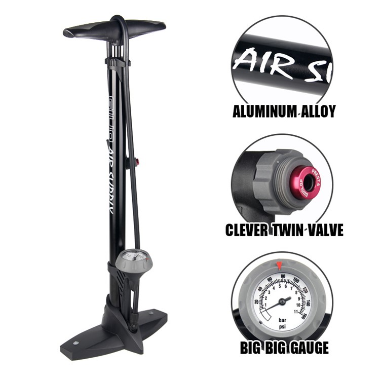GIYO GF-55P 160PSI Bike Floor Pump with Gauge Presta Schrader Valve Air Inflator - Blue-2