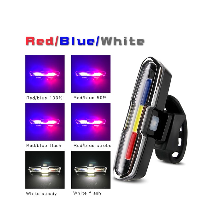 Red/Blue/White 3-Color Rear Cycling Bike Tail Light COB Highly Bright USB Chargeable