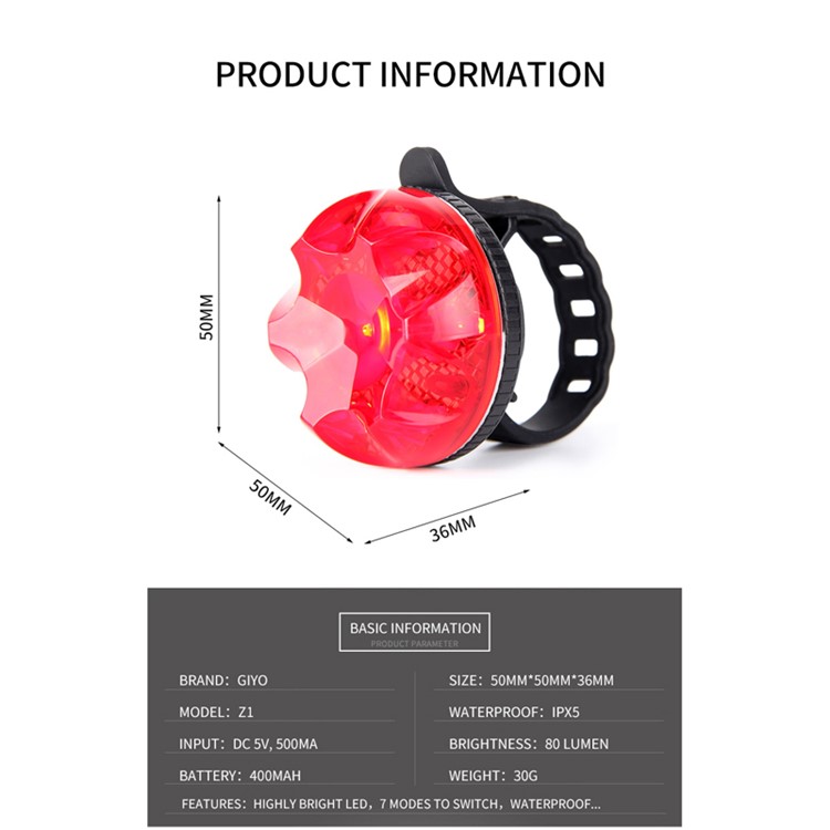 Giyo-Z1 7 Modos Bike Tail Light Intelligent Freio Luz De Freio ADVERTÊNCIA LAMP-12