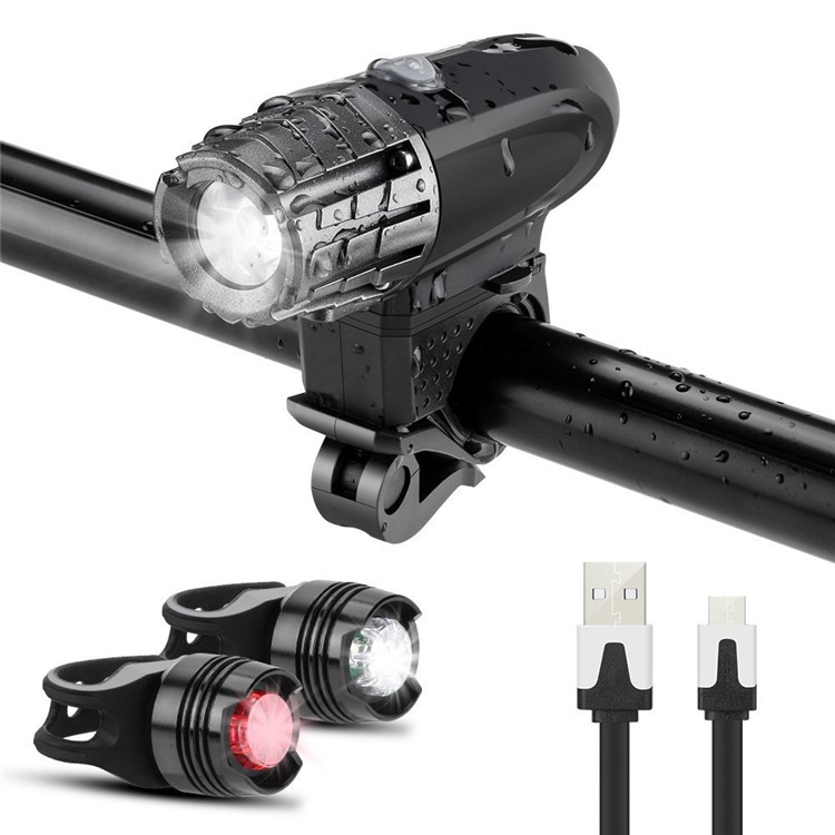 USB Rechargeable LED Bright Bike Front Light + 2 Rear Lights Set-3