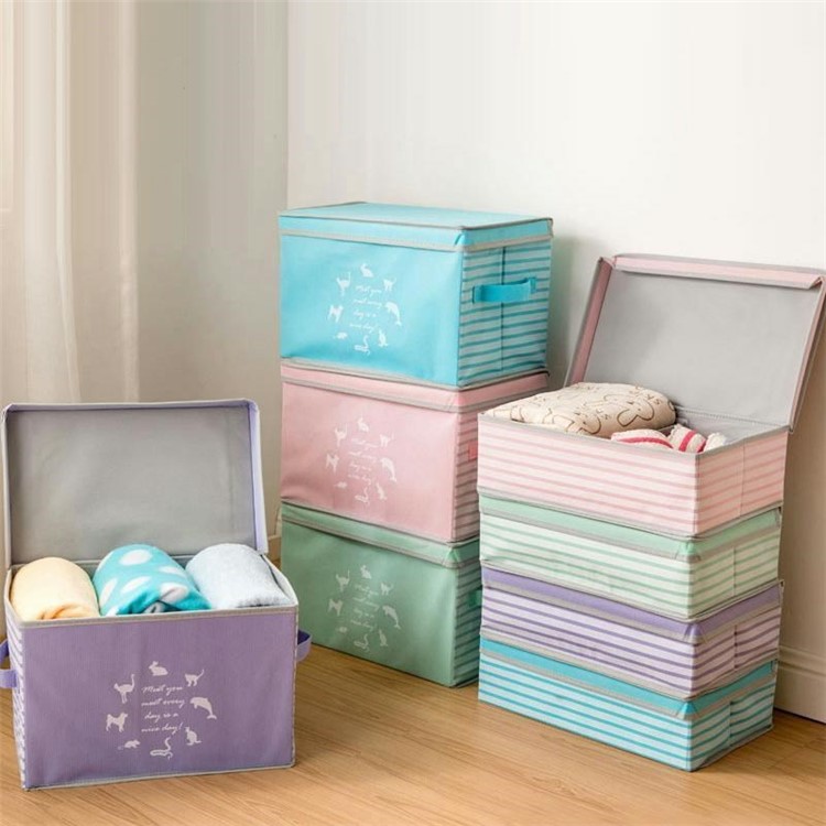 Large Size Non-woven Fabric Folding Organizer Storage Box with Lid and Handle - Purple-3