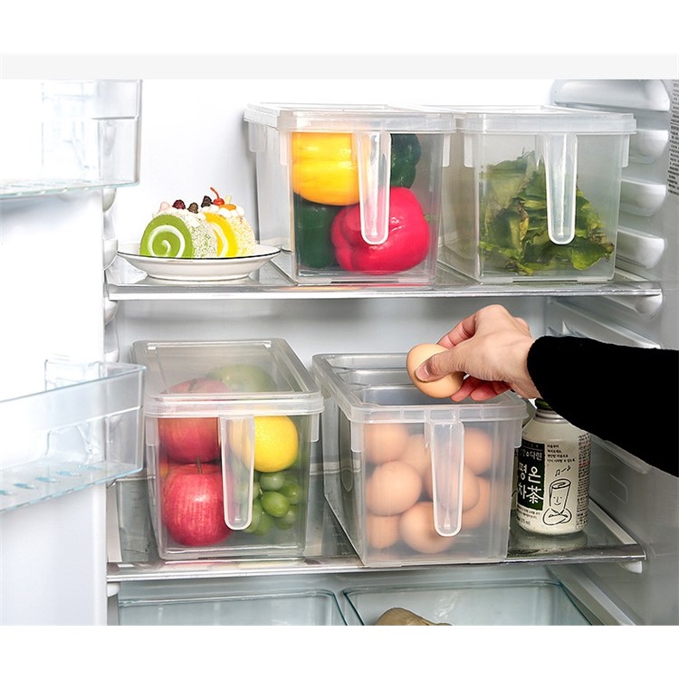 Food Grade Plastic Refrigerator Organizer Container with Lid, Handle and 3 Smaller Bins - Transparent-4