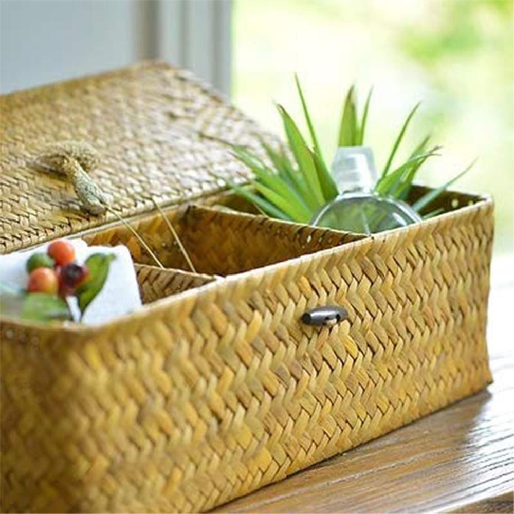 Handmade Woven Desktop Storage Basket Three Plaid Sundries Organize Jewelry Cosmetic Storage Box-2
