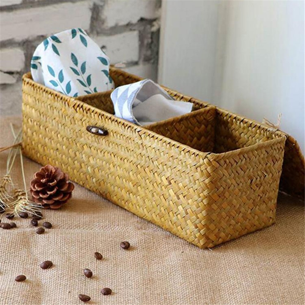Handmade Woven Desktop Storage Basket Three Plaid Sundries Organize Jewelry Cosmetic Storage Box-6