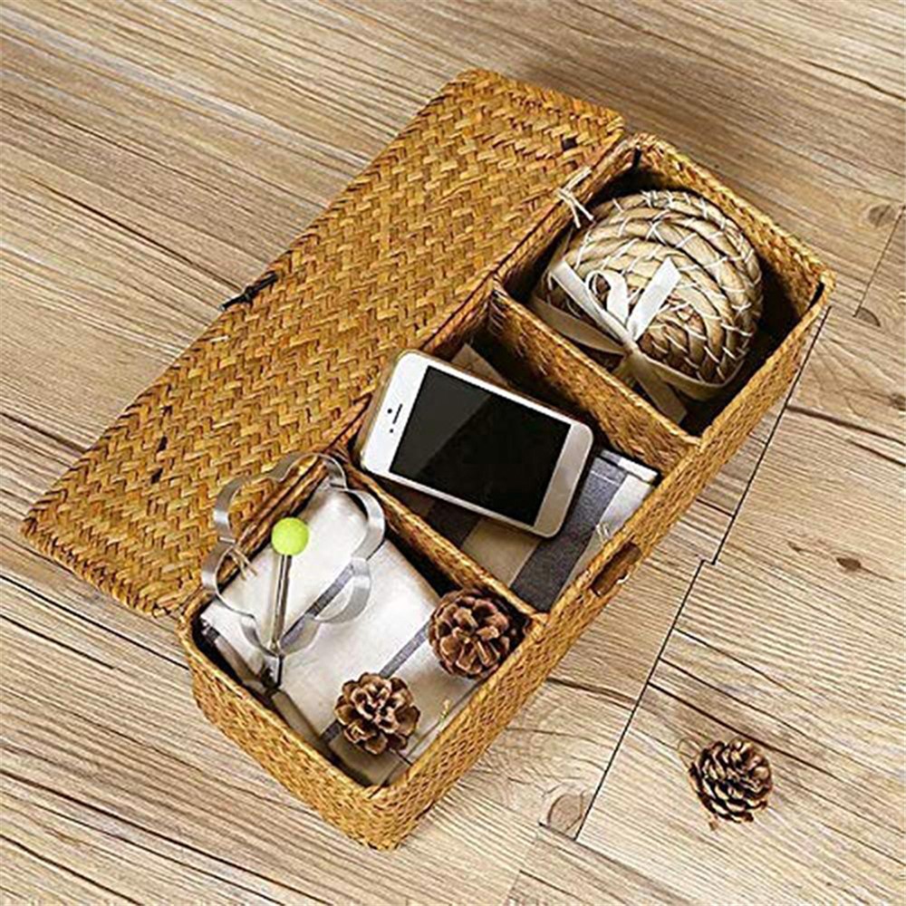 Handmade Woven Desktop Storage Basket Three Plaid Sundries Organize Jewelry Cosmetic Storage Box-7