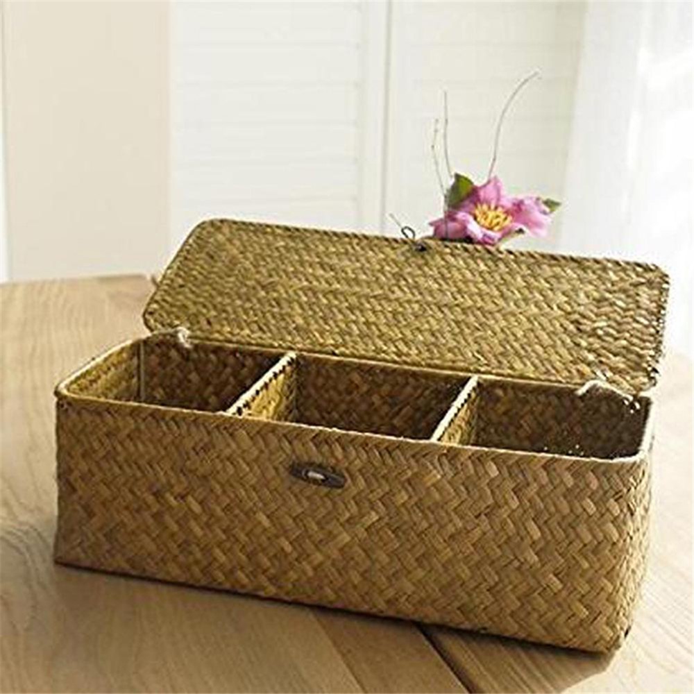 Handmade Woven Desktop Storage Basket Three Plaid Sundries Organize Jewelry Cosmetic Storage Box-8
