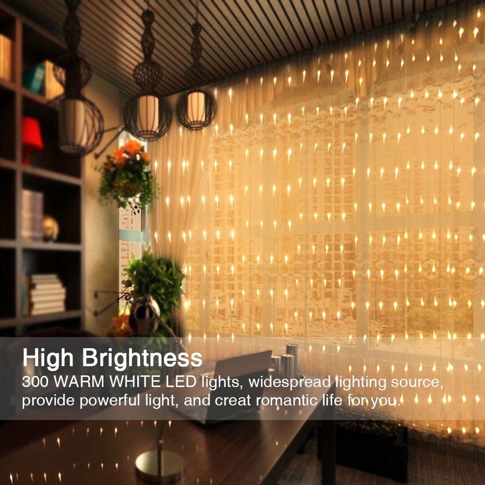 Waterproof 3M 8 Modes Warm White 300-LED Curtain String Fairy Light-2