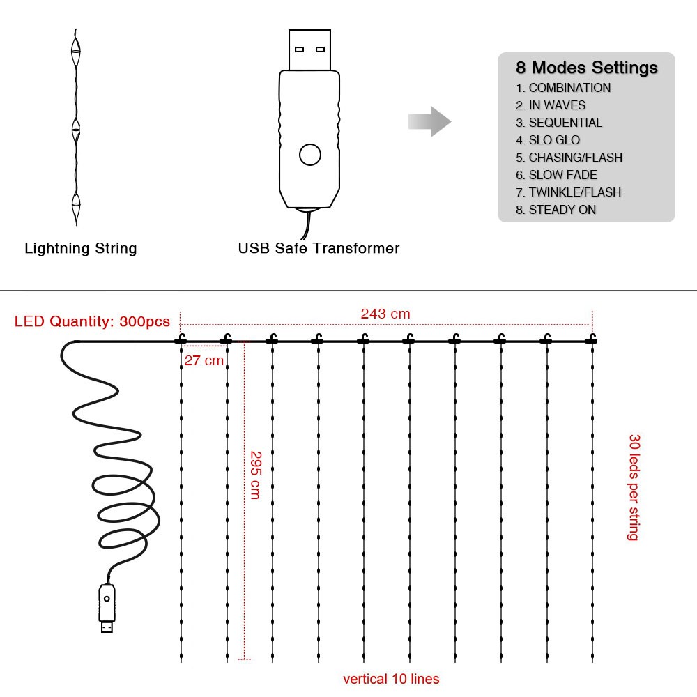 Waterproof 3M 8 Modes Warm White 300-LED Curtain String Fairy Light-6