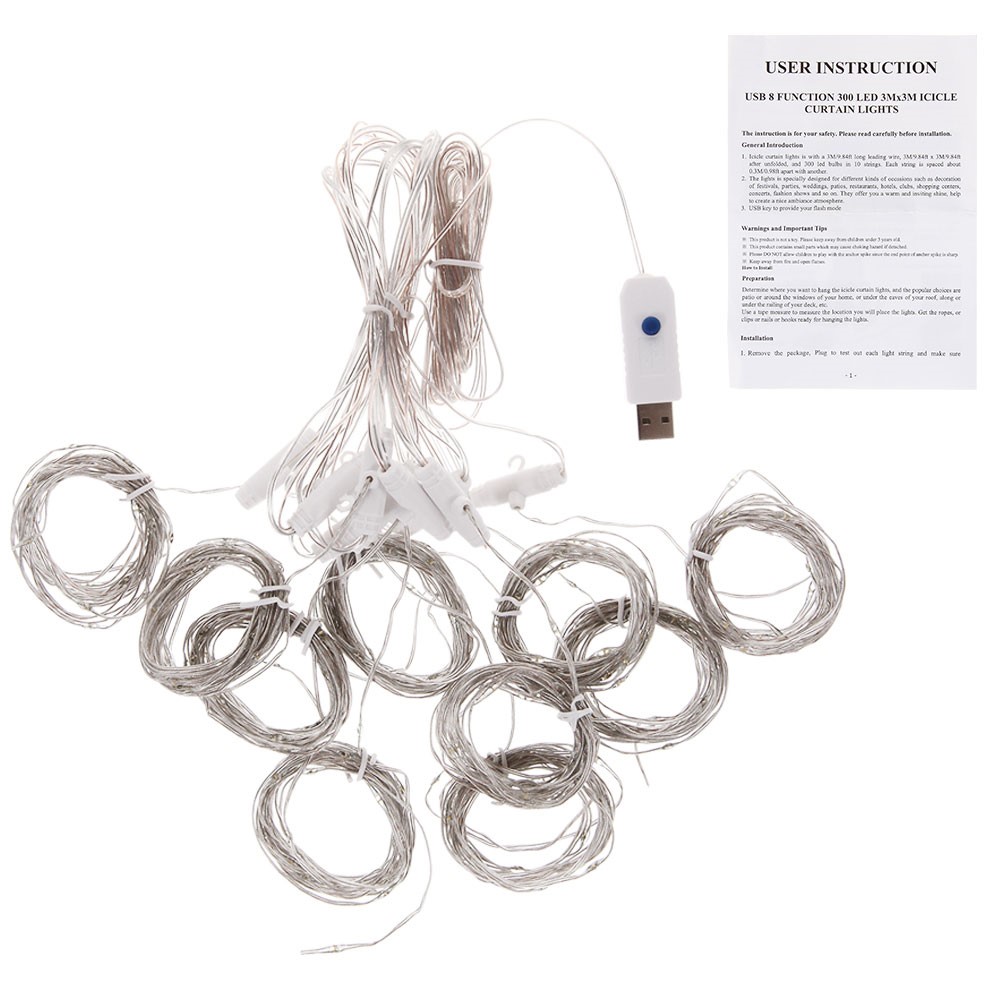 Waterproof 3M 8 Modes Warm White 300-LED Curtain String Fairy Light-8