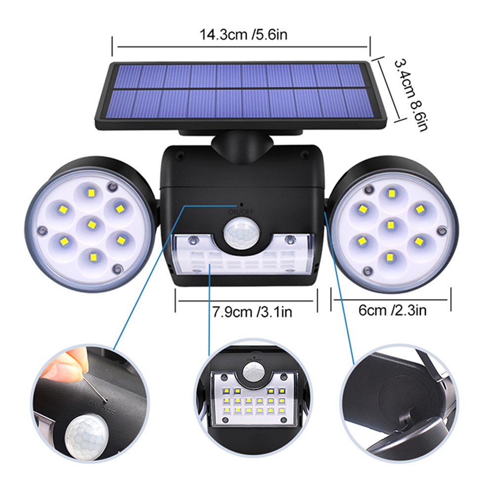 30-LED Solar Light Dual Head Solar Lamp PIR Motion Sensor Spotlight Waterproof Wall Outdoor Lights - White-4