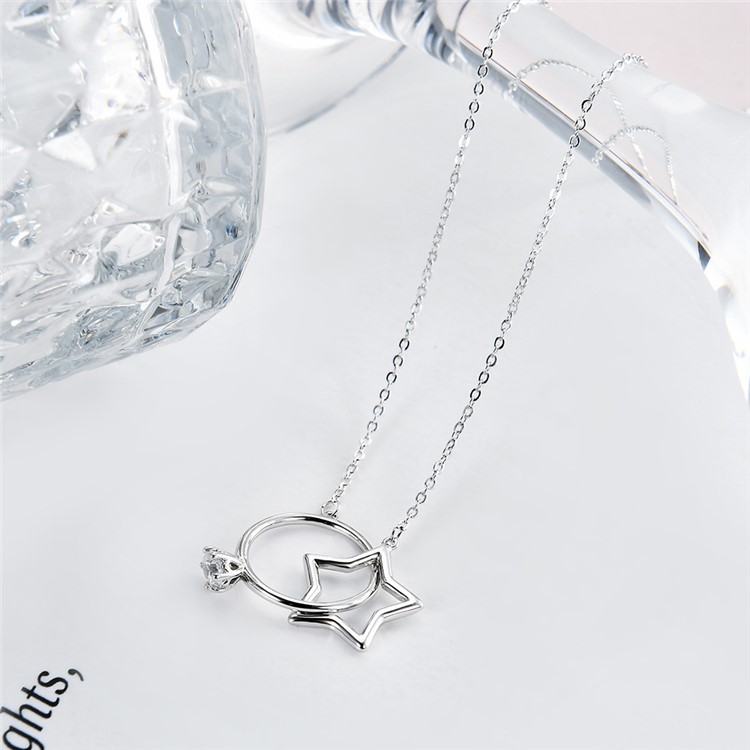 Ring and Star Platinum Plated Copper Zirconium Necklace Jewelry for Women-5