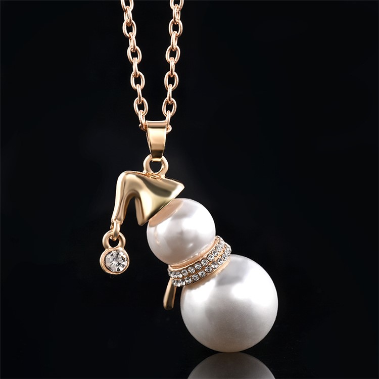 Christmas Snowman Pearl Plated Pendant Necklace Women Fashion Jewelry Set - Gold-2