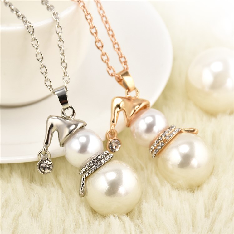 Christmas Snowman Pearl Plated Pendant Necklace Women Fashion Jewelry Set - Gold-3