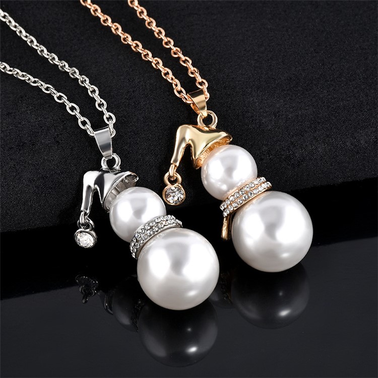 Christmas Snowman Pearl Plated Pendant Necklace Women Fashion Jewelry Set - Gold-4