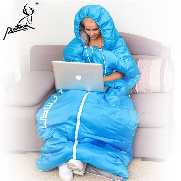 1.1KG Autumn Winter Envelope Hooded Sleeping Bag Outdoor Travel Camping Adult Sleeping Bag with Stretch Hands Opening - Baby Blue-2