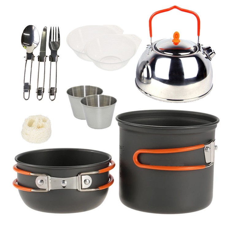 Camping Cookware Set Stainless Steel Tableware Teapot Pot Bowl for 1-2 People-1