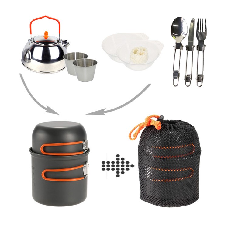 Camping Cookware Set Stainless Steel Tableware Teapot Pot Bowl for 1-2 People-2