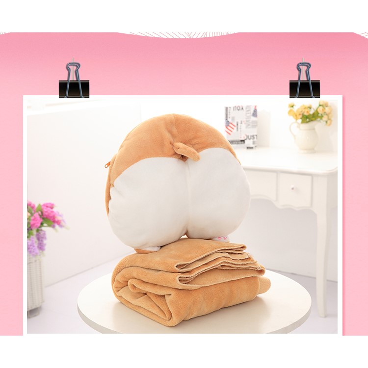 Cute Cartoon Corgi Plush Throw Pillow and Folded Fleece Blankets 2-in-1 Cushion Nap Waist Pillow-3