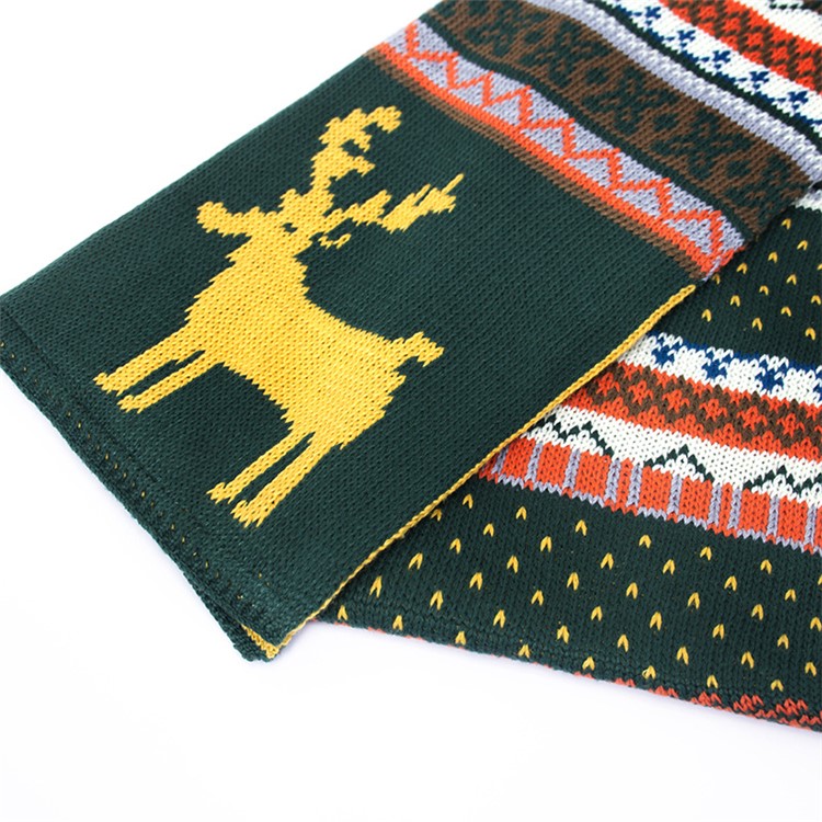 Long Christmas Deer Outdoor/Indoor Reversible Sweater Scarf - Dark Green / Yellow-2