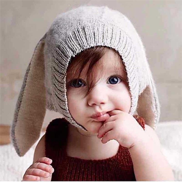 Spring Winter Warm Lovely Knit Rabbit Ears Baby Hat - Grey-1