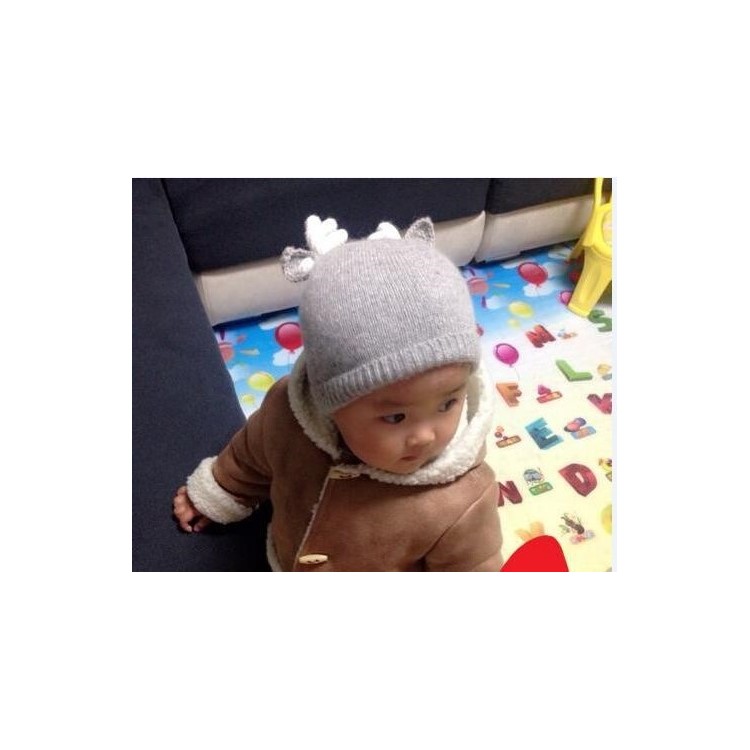 Christmas Elk Horn Warm Autumn Winter Hat Toddler Knitted Hat Baby Crochet Cap - Grey-3