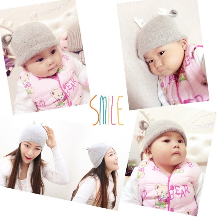 Christmas Elk Horn Warm Autumn Winter Hat Toddler Knitted Hat Baby Crochet Cap - Grey-5