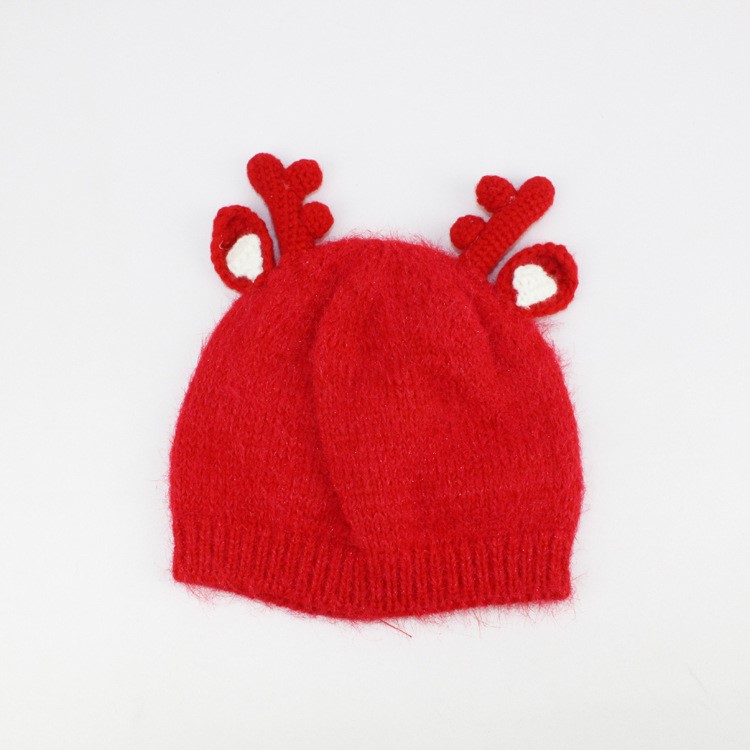 Christmas Elk Horn Toddler Knitted Hat Baby Crochet Cap Warm Autumn Winter Hat - Red-1