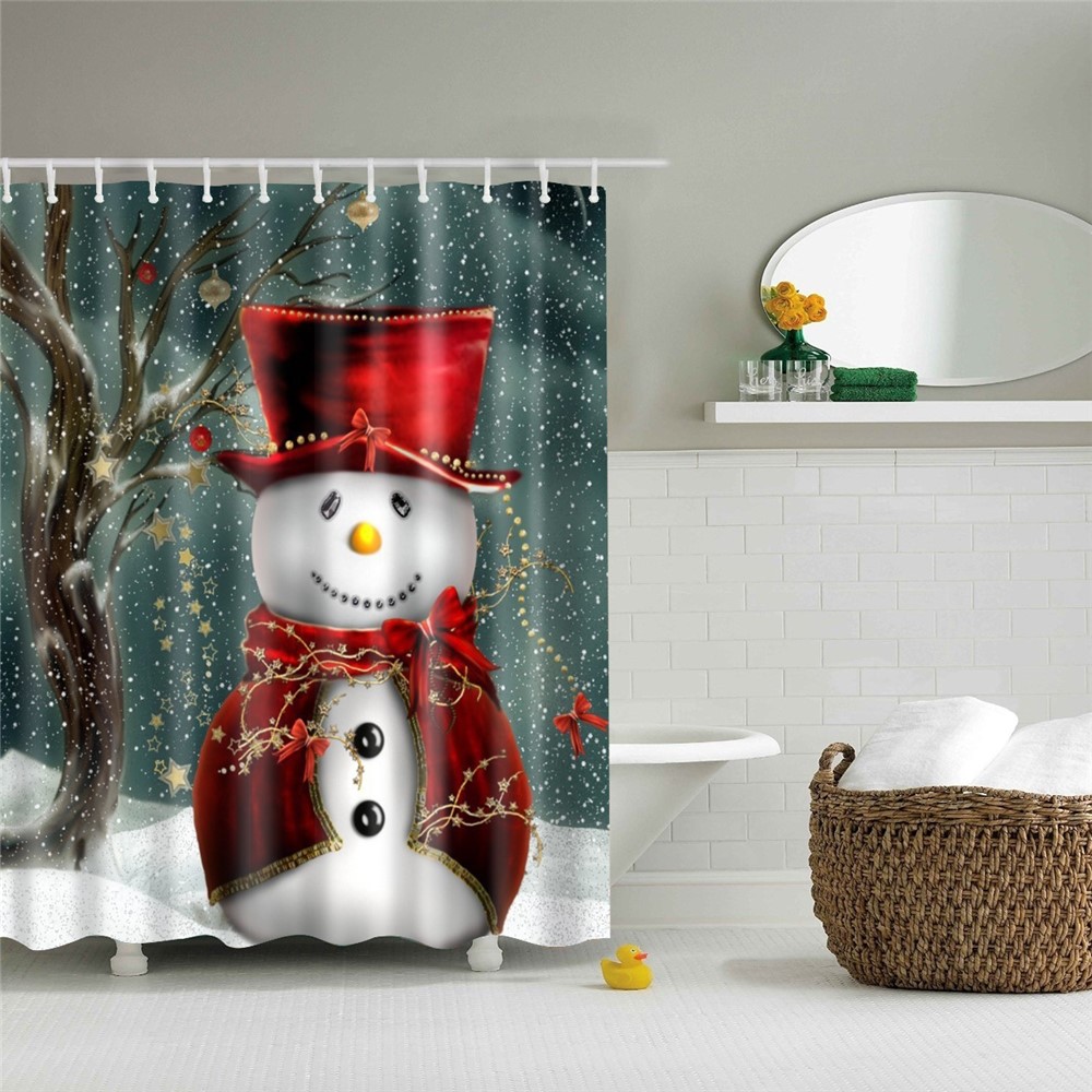 Waterproof Bathroom Shower Curtain Christmas Home Decor with Hook, Size: 150cm x 180cm - Snowman in Red Hat-1