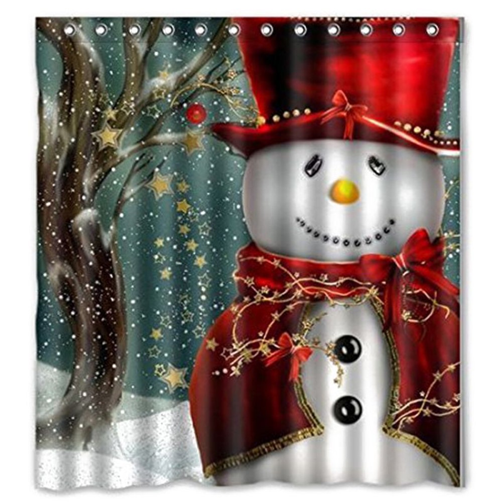 Waterproof Bathroom Shower Curtain Christmas Home Decor with Hook, Size: 150cm x 180cm - Snowman in Red Hat-2