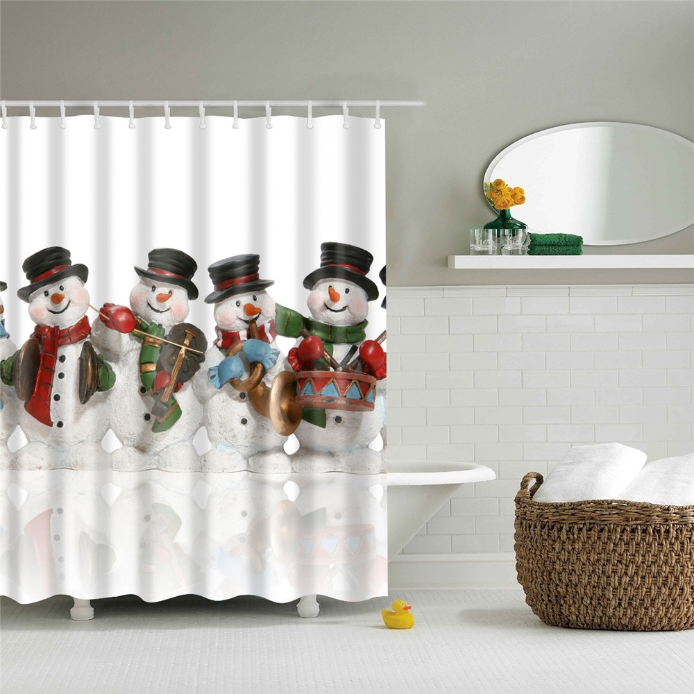 Polyester Waterproof Christmas Bathroom Shower Curtain Decor with Hook, Size: 150cm x 180cm - Four Snowmen-1