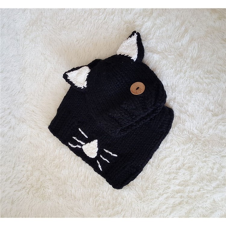 Winter Kids Warm Fox Animal Hats Knitted Coif Hood Scarf Beanies - Black-11