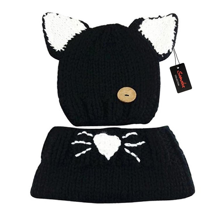 Winter Kids Warm Fox Animal Hats Knitted Coif Hood Scarf Beanies - Black-3