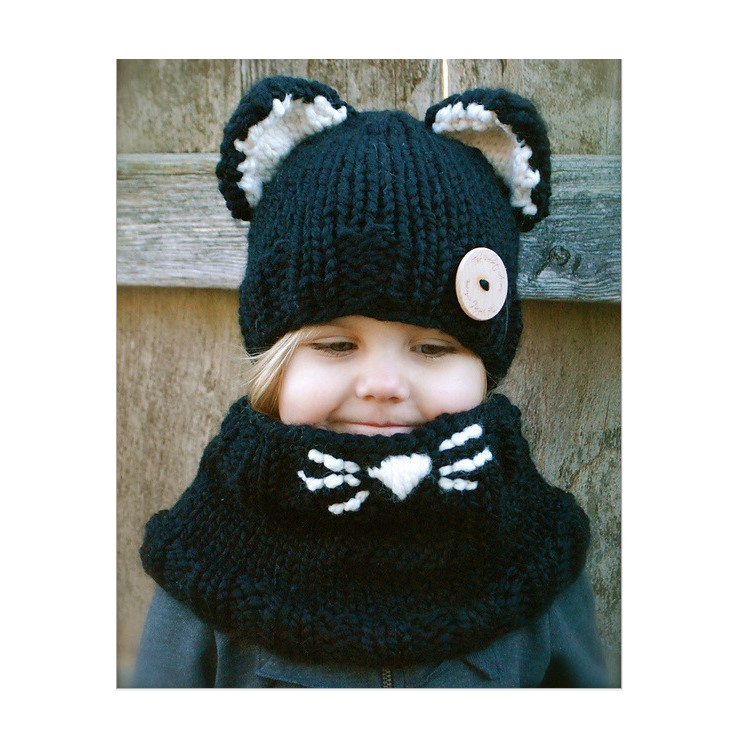 Winter Kids Warm Fox Animal Hats Knitted Coif Hood Scarf Beanies - Black-5