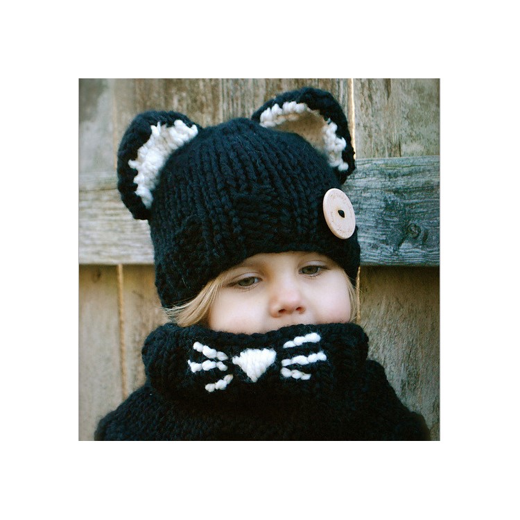 Winter Kids Warm Fox Animal Hats Knitted Coif Hood Scarf Beanies - Black-6