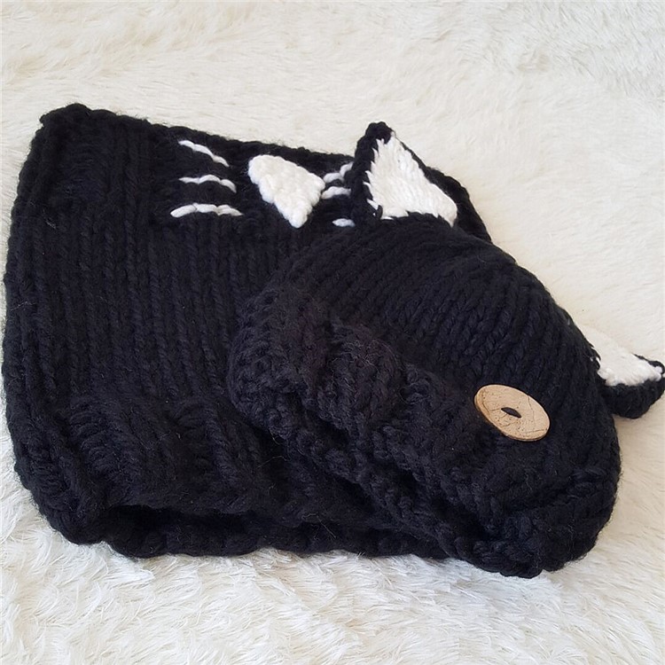Winter Kids Warm Fox Animal Hats Knitted Coif Hood Scarf Beanies - Black-7