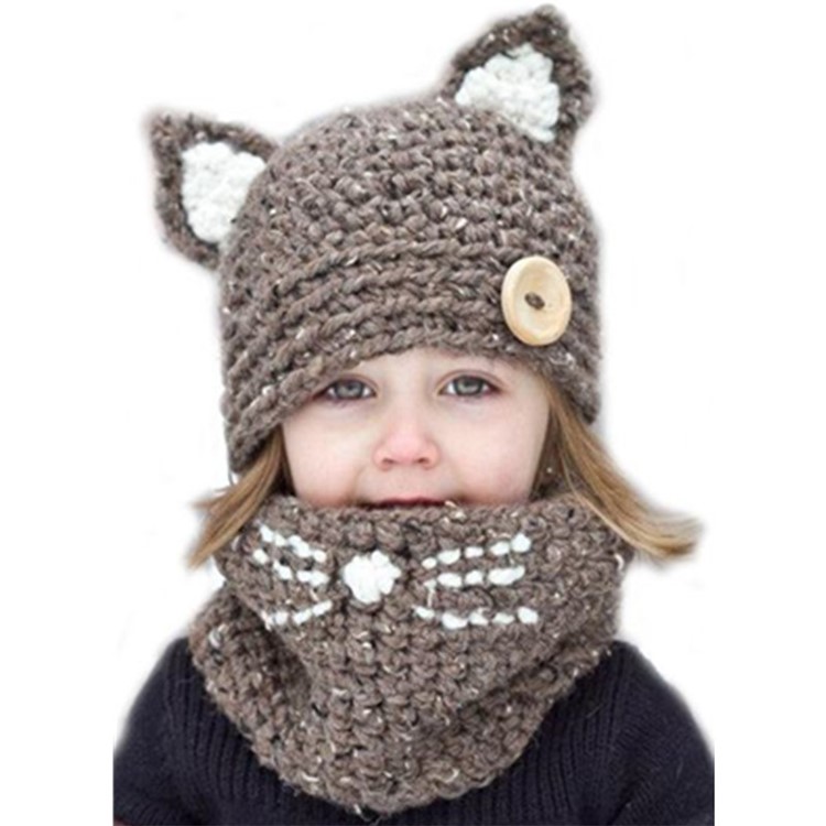 Winter Kids Cozy Fox Animal Hats Knitted Coif Hood Scarf Beanies - Khaki-1