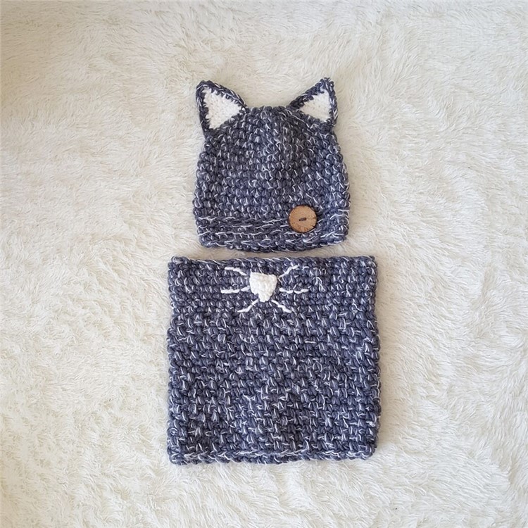 Cute Winter Kids Warm Fox Animal Hats Knitted Coif Hood Scarf Beanies - Grey-2