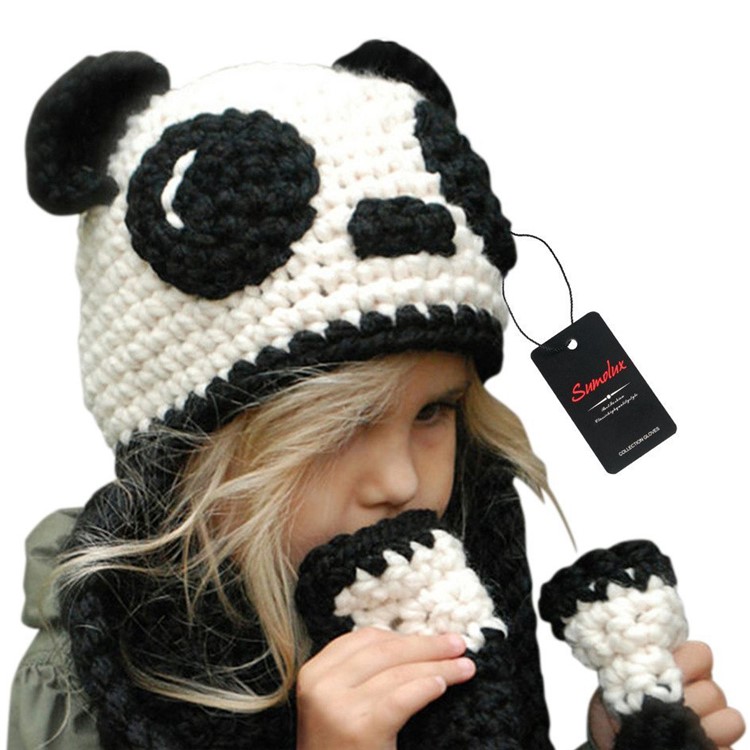 Cute Panda Winter Hand Knitted Hat with Integral Scarf for Children-2